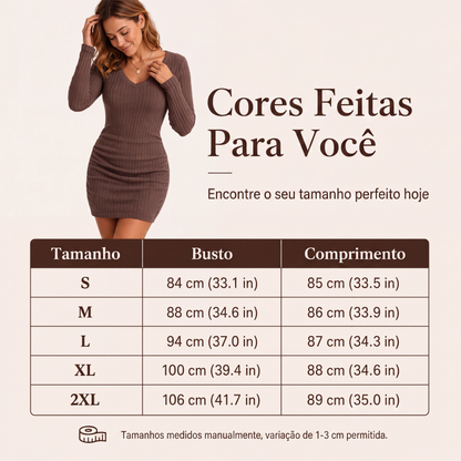 ✨👗Vestido de malha canelada com decote em V elegante para mulher