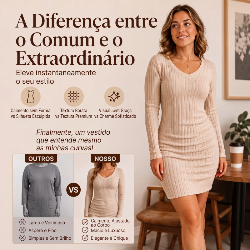 ✨👗Vestido de malha canelada com decote em V elegante para mulher