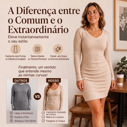 ✨👗Vestido de malha canelada com decote em V elegante para mulher