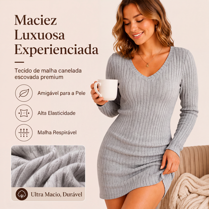 ✨👗Vestido de malha canelada com decote em V elegante para mulher