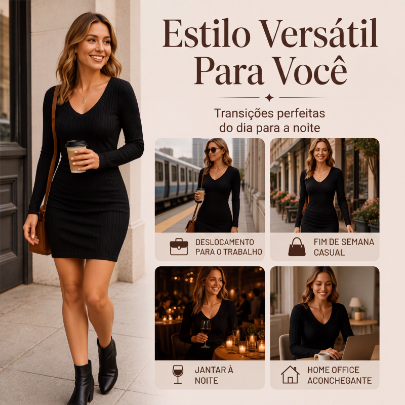 ✨👗Vestido de malha canelada com decote em V elegante para mulher