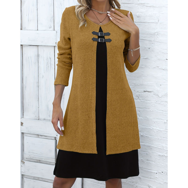 ✨👗Vestido casual de malha canelada de manga comprida para mulher