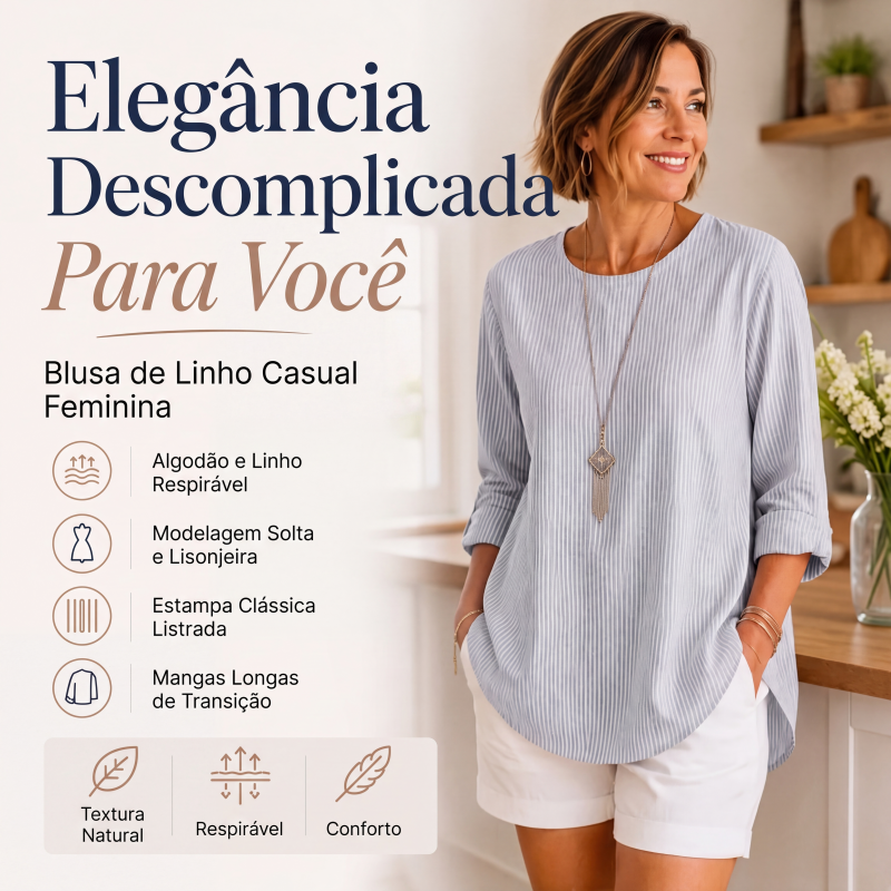 ✨👚Blusa casual listrada de manga comprida para mulher