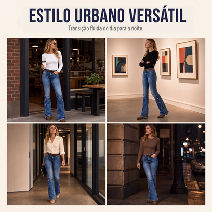 Calças jeans flare desgastadas de cintura alta para mulheres