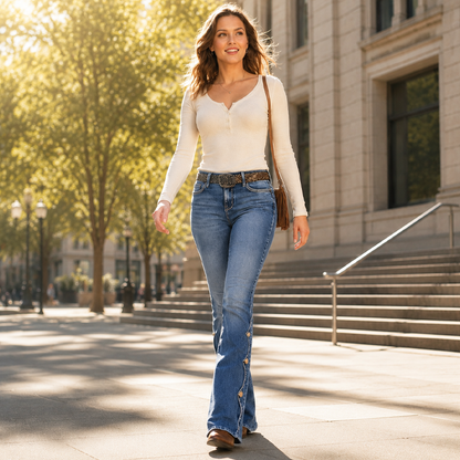 Calças jeans flare desgastadas de cintura alta para mulheres
