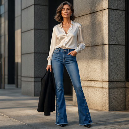 Calças jeans flare desgastadas de cintura alta para mulheres