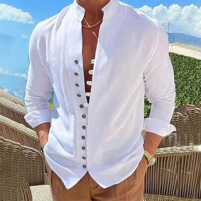 Camisa casual de manga comprida com gola de pé para homem