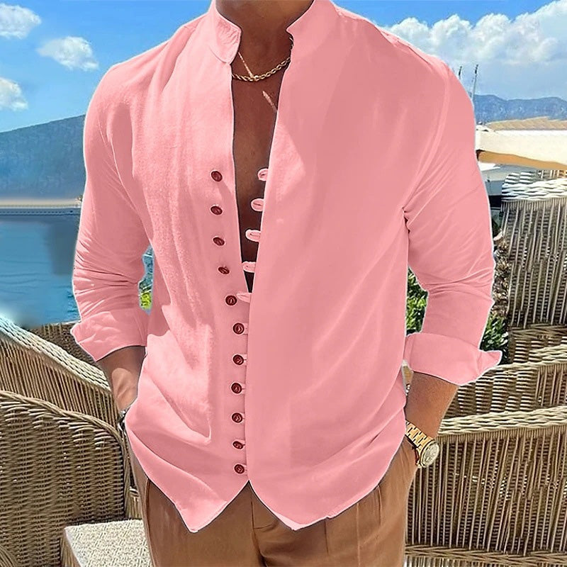 Camisa casual de manga comprida com gola de pé para homem