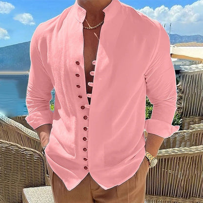 Camisa casual de manga comprida com gola de pé para homem