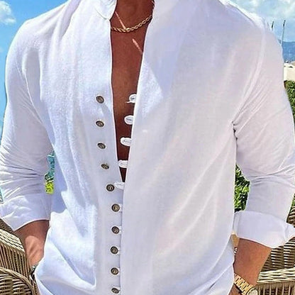 Camisa casual de manga comprida com gola de pé para homem