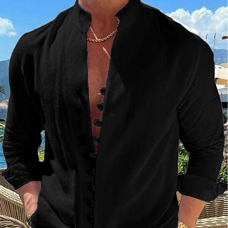 Camisa casual de manga comprida com gola de pé para homem