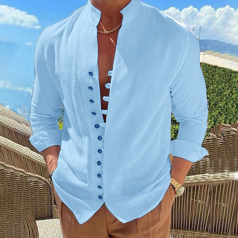 Camisa casual de manga comprida com gola de pé para homem