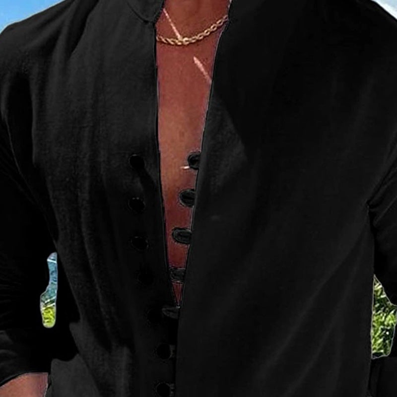 Camisa casual de manga comprida com gola de pé para homem