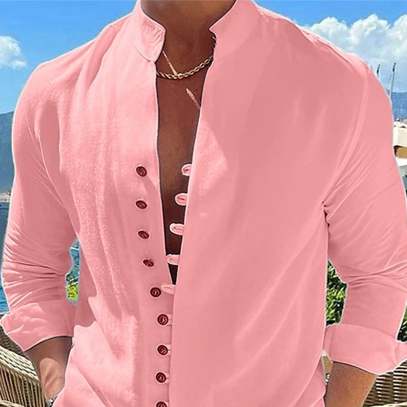 Camisa casual de manga comprida com gola de pé para homem