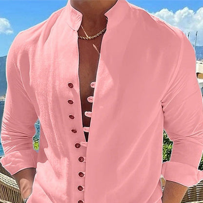 Camisa casual de manga comprida com gola de pé para homem