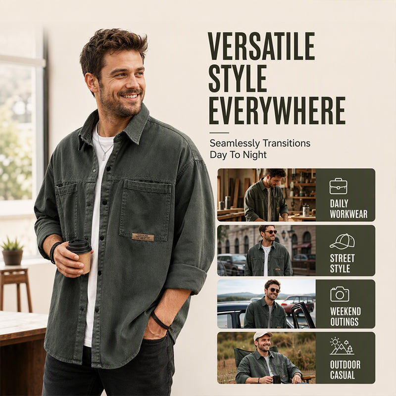🛍️Camisa masculina de manga comprida, de corte largo e estilo utilitário