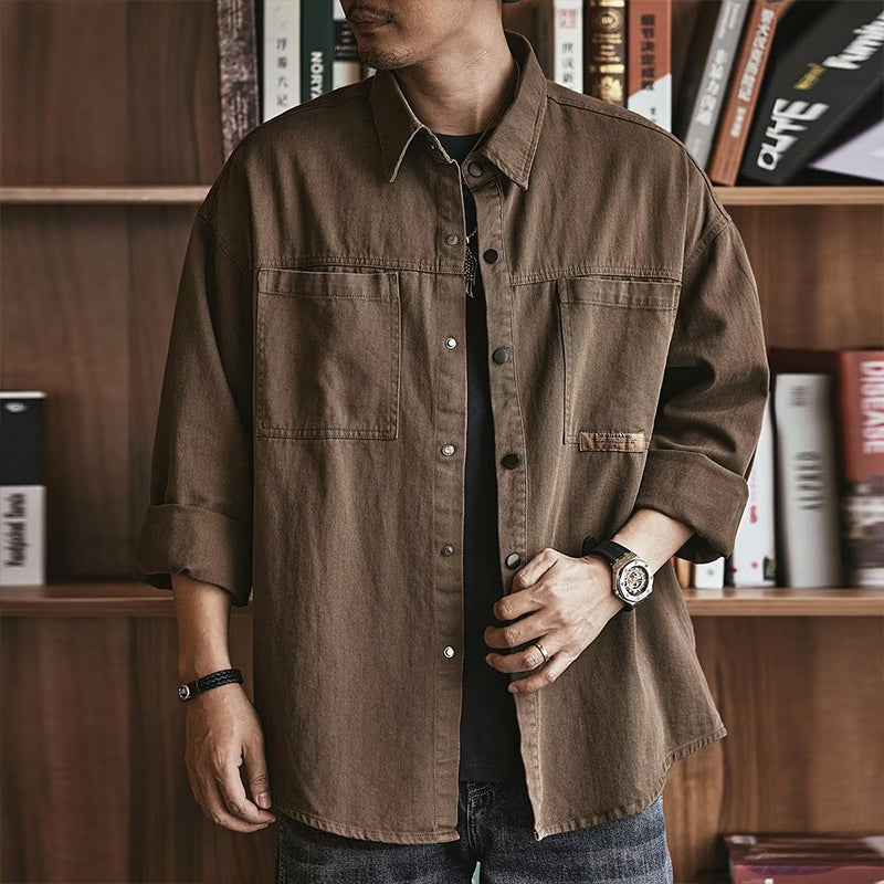 🛍️Camisa masculina de manga comprida, de corte largo e estilo utilitário