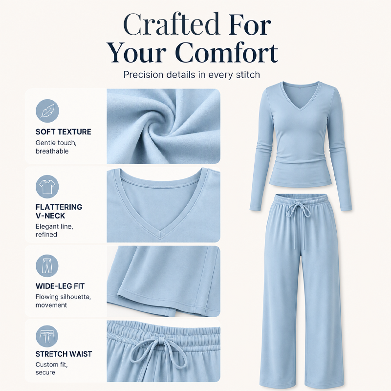✨👗Conjunto de camisola de manga comprida com decote em V e calças largas para mulher