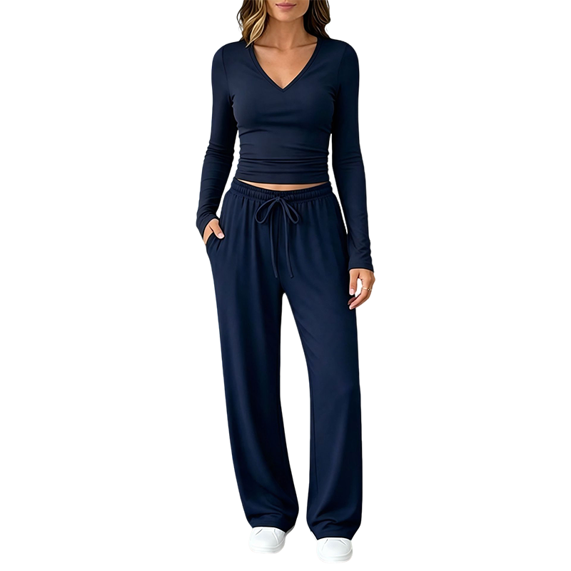 ✨👗Conjunto de camisola de manga comprida com decote em V e calças largas para mulher