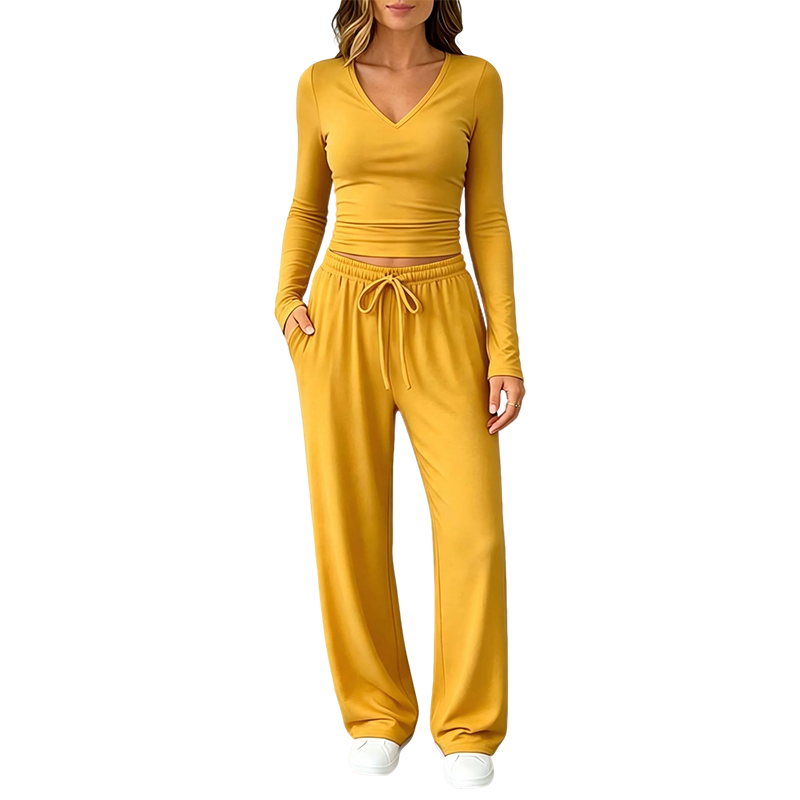 ✨👗Conjunto de camisola de manga comprida com decote em V e calças largas para mulher