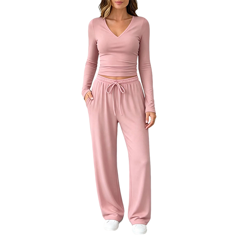 ✨👗Conjunto de camisola de manga comprida com decote em V e calças largas para mulher