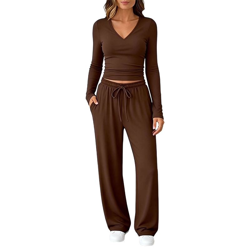 ✨👗Conjunto de camisola de manga comprida com decote em V e calças largas para mulher