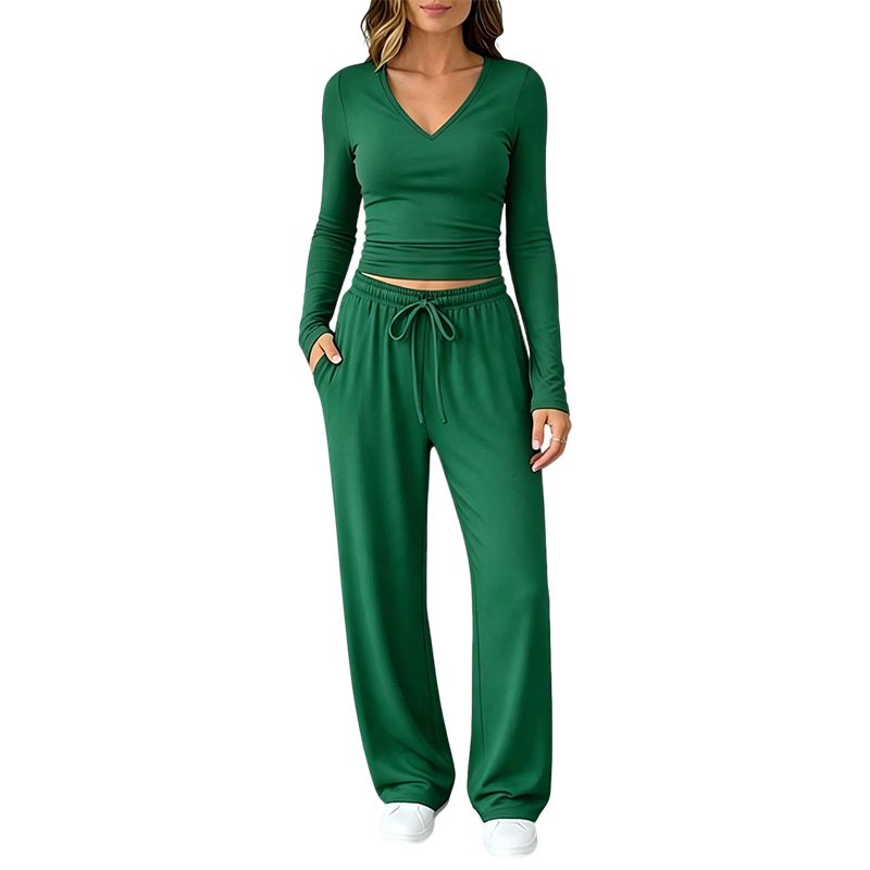 ✨👗Conjunto de camisola de manga comprida com decote em V e calças largas para mulher