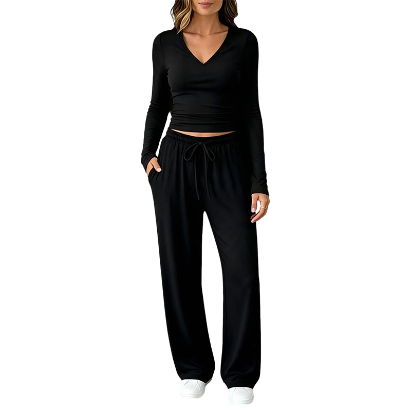 ✨👗Conjunto de camisola de manga comprida com decote em V e calças largas para mulher