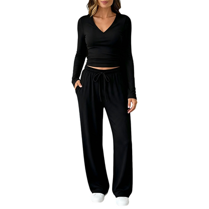 ✨👗Conjunto de camisola de manga comprida com decote em V e calças largas para mulher
