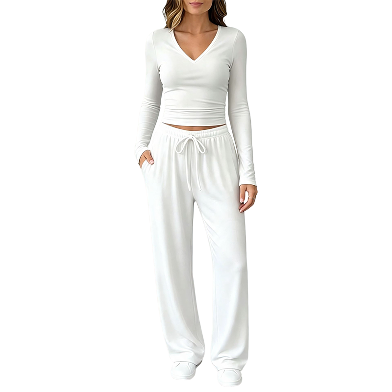 ✨👗Conjunto de camisola de manga comprida com decote em V e calças largas para mulher