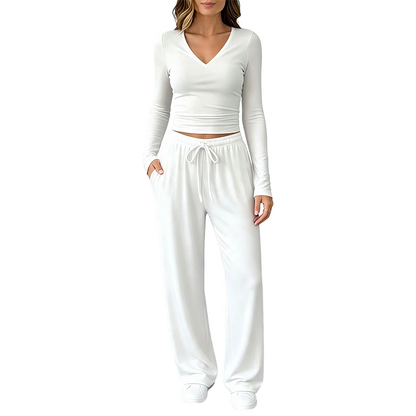 ✨👗Conjunto de camisola de manga comprida com decote em V e calças largas para mulher