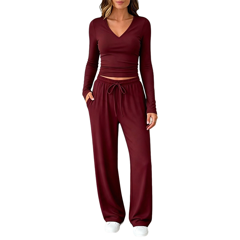 ✨👗Conjunto de camisola de manga comprida com decote em V e calças largas para mulher