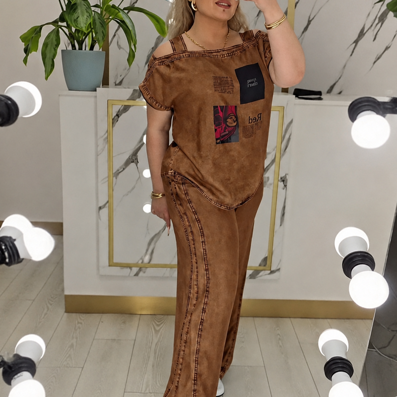 ✨👗Top feminino com ombros à mostra e calças de perna larga