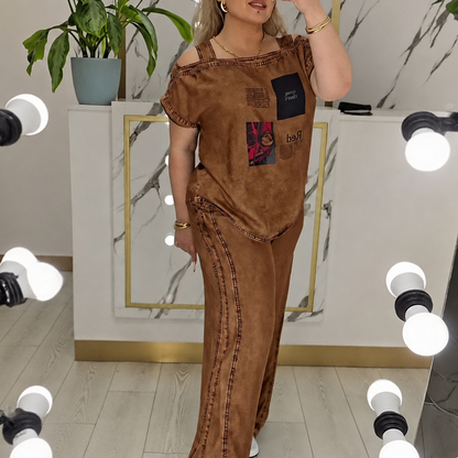 ✨👗Top feminino com ombros à mostra e calças de perna larga