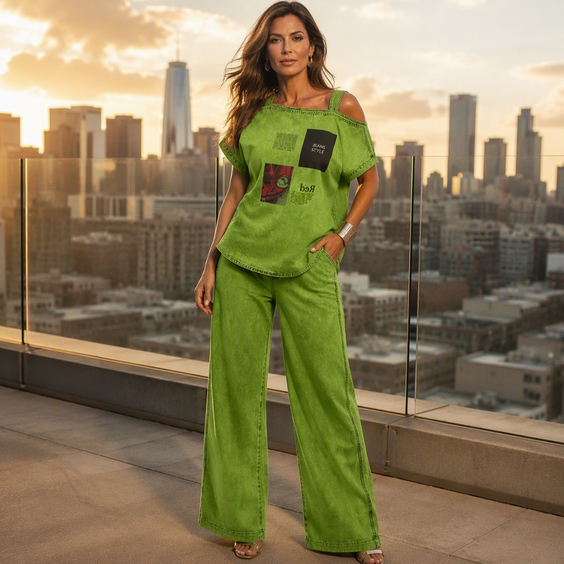 ✨👗Top feminino com ombros à mostra e calças de perna larga