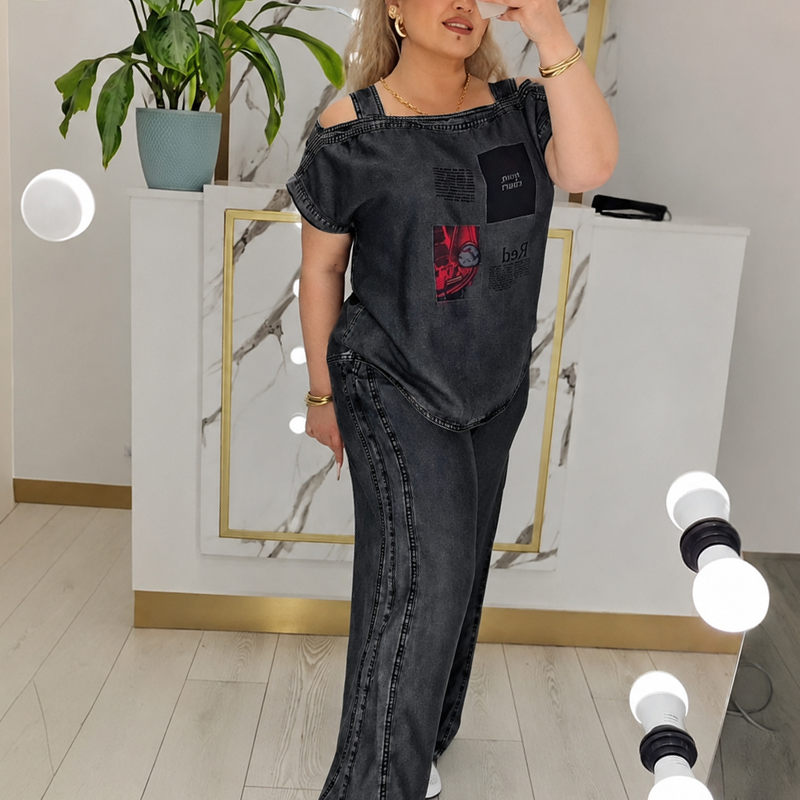 ✨👗Top feminino com ombros à mostra e calças de perna larga