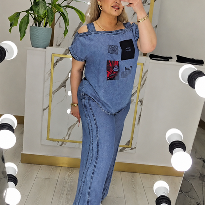 ✨👗Top feminino com ombros à mostra e calças de perna larga