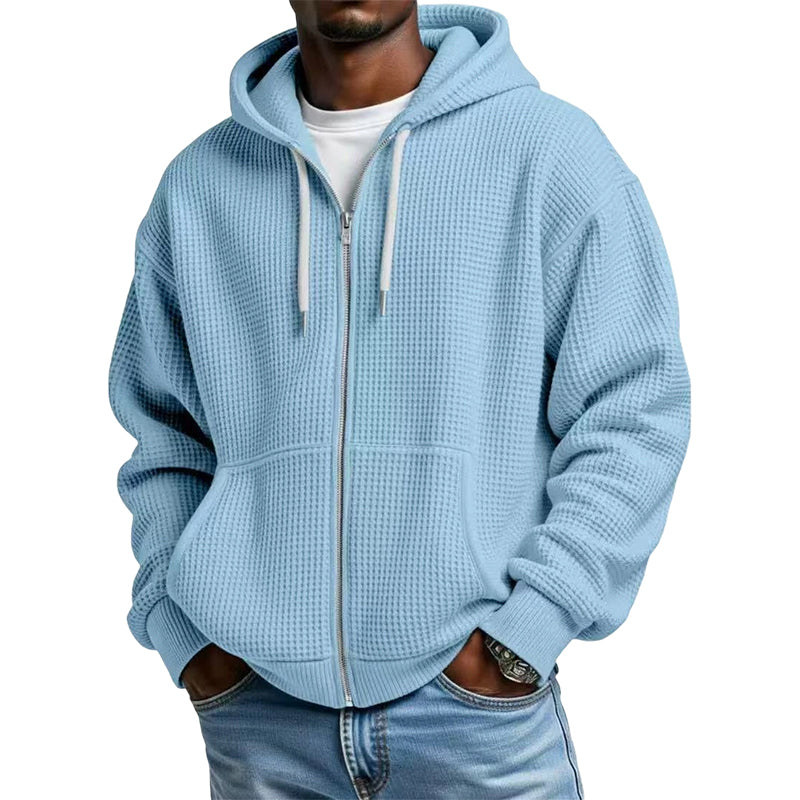 Camisola com capuz de malha tipo waffle e fecho completo para homem