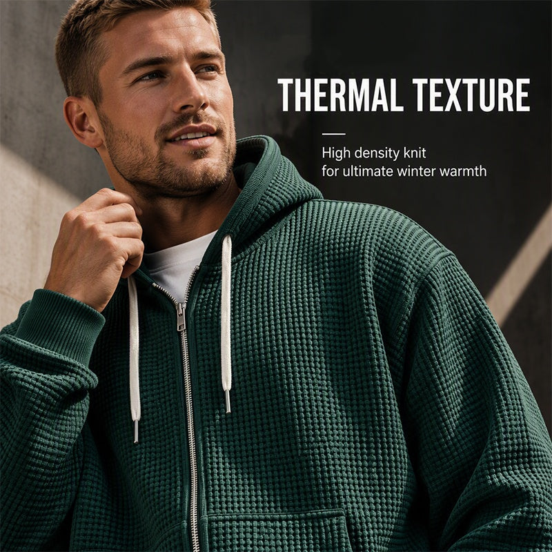 Camisola com capuz de malha tipo waffle e fecho completo para homem