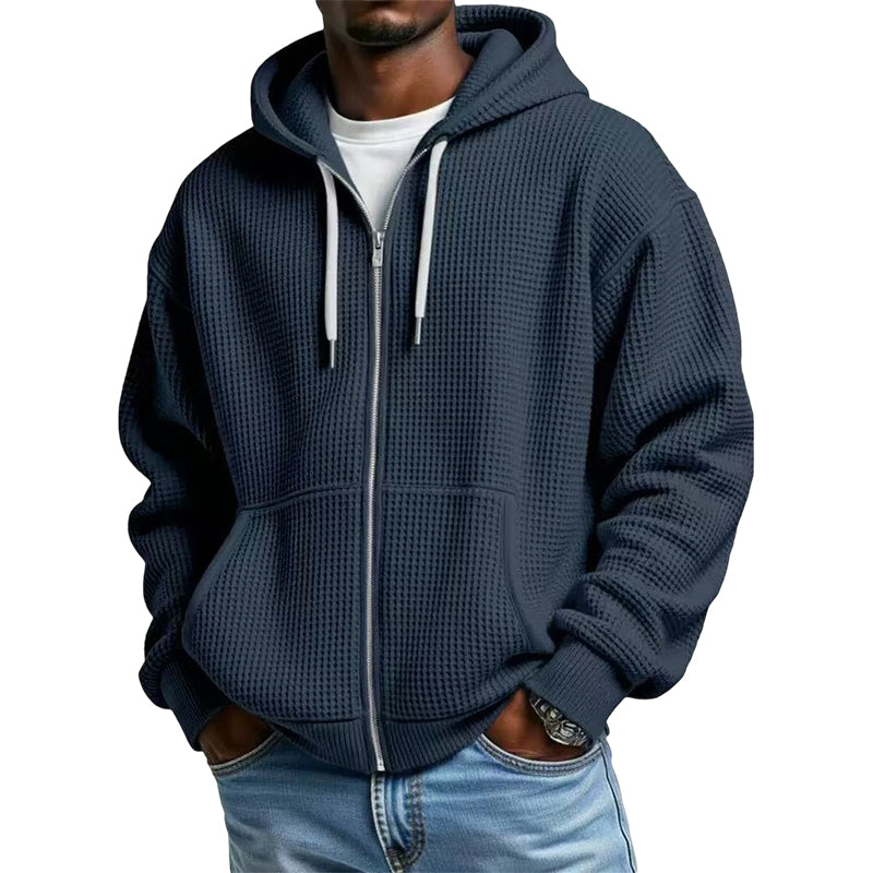 Camisola com capuz de malha tipo waffle e fecho completo para homem