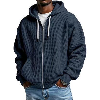 Camisola com capuz de malha tipo waffle e fecho completo para homem