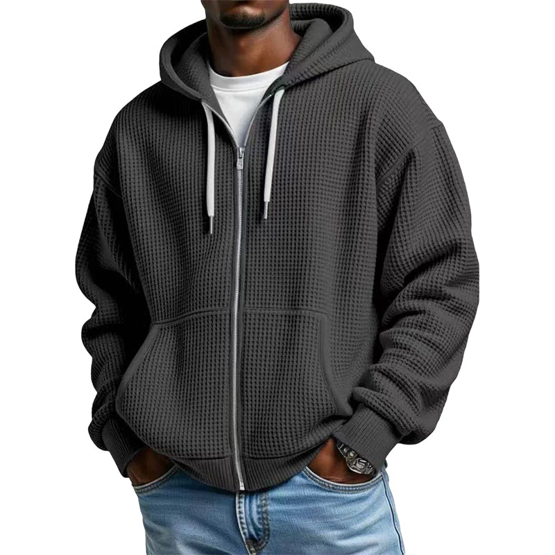 Camisola com capuz de malha tipo waffle e fecho completo para homem