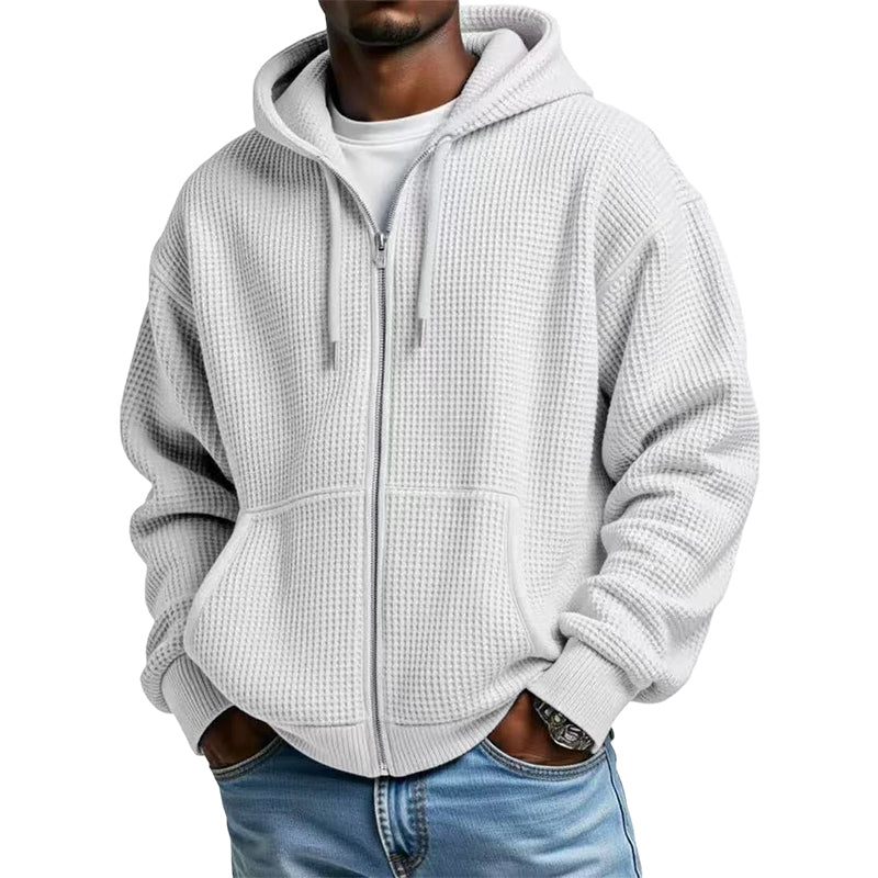 Camisola com capuz de malha tipo waffle e fecho completo para homem