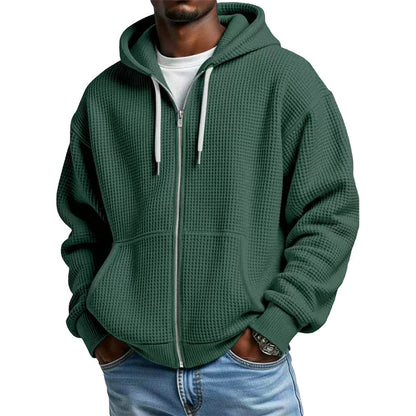 Camisola com capuz de malha tipo waffle e fecho completo para homem