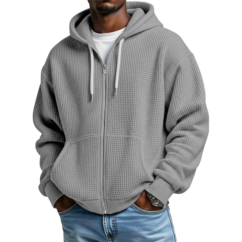 Camisola com capuz de malha tipo waffle e fecho completo para homem