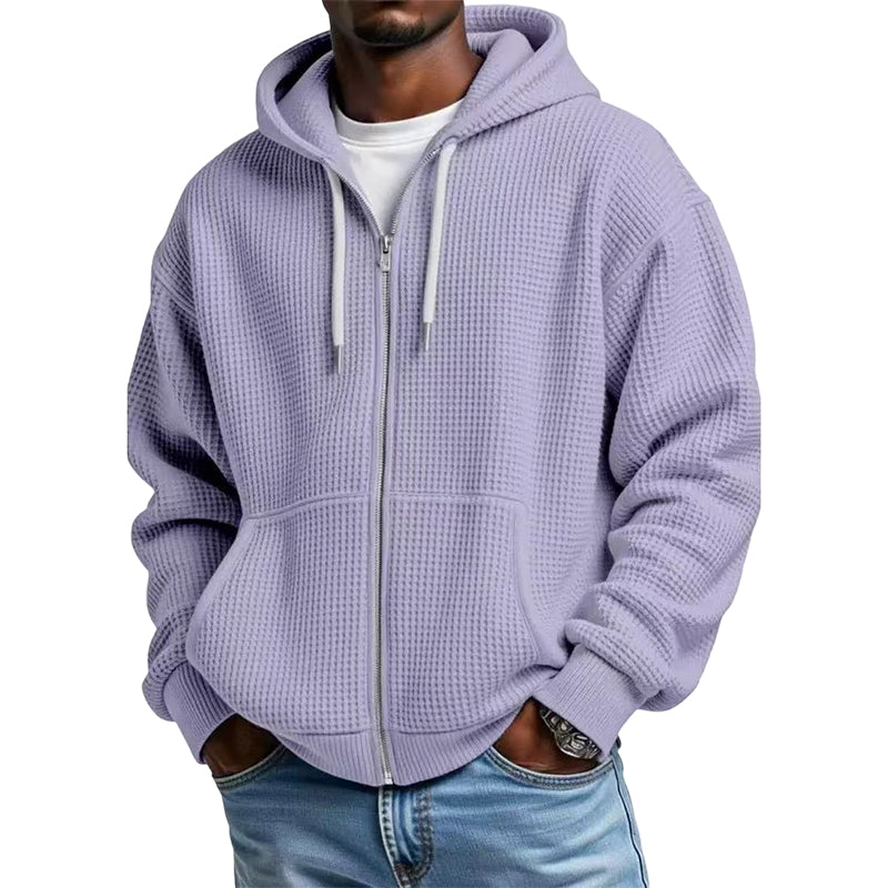 Camisola com capuz de malha tipo waffle e fecho completo para homem