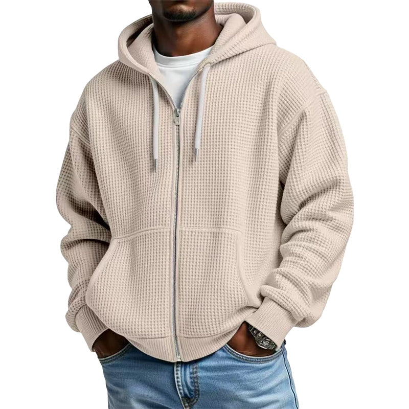 Camisola com capuz de malha tipo waffle e fecho completo para homem