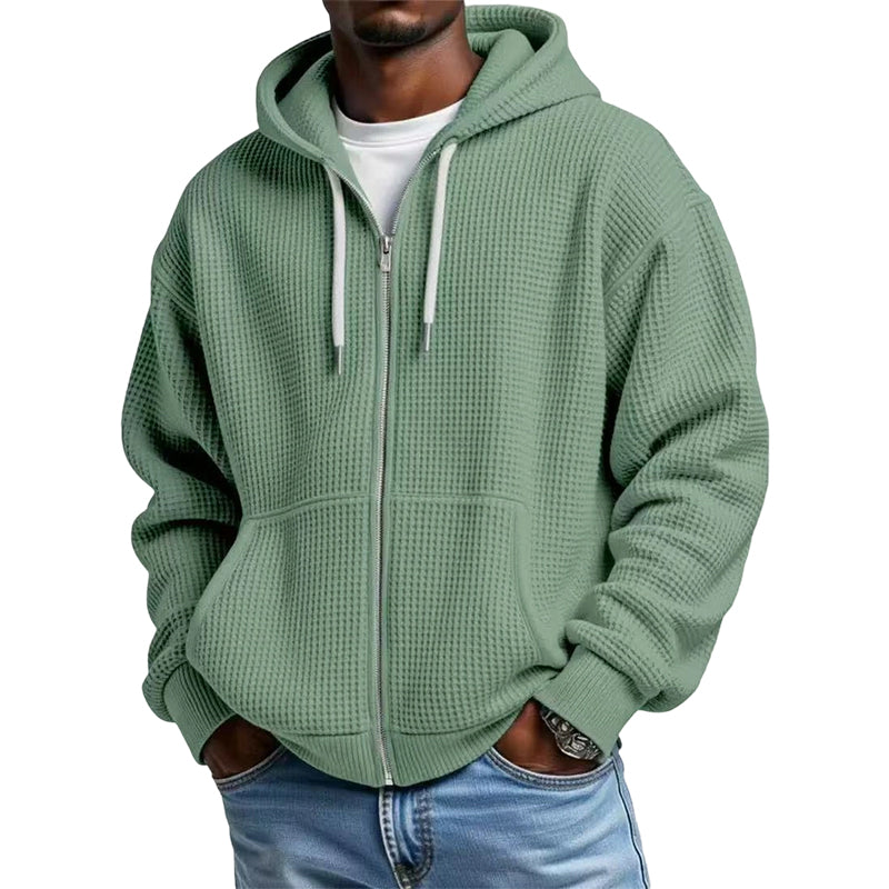 Camisola com capuz de malha tipo waffle e fecho completo para homem