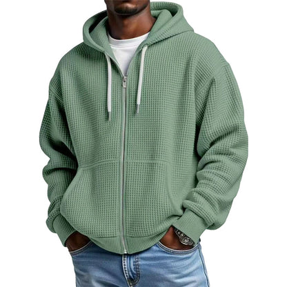 Camisola com capuz de malha tipo waffle e fecho completo para homem