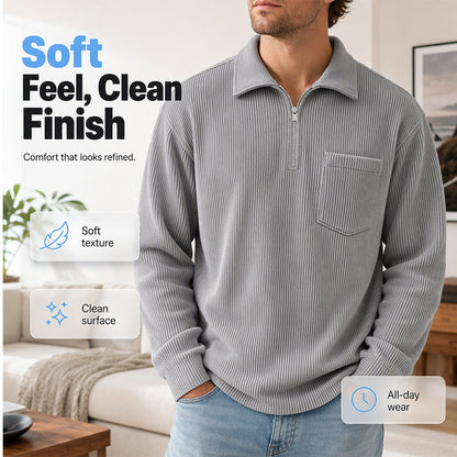 Camisola casual masculina com canelado e meio fecho